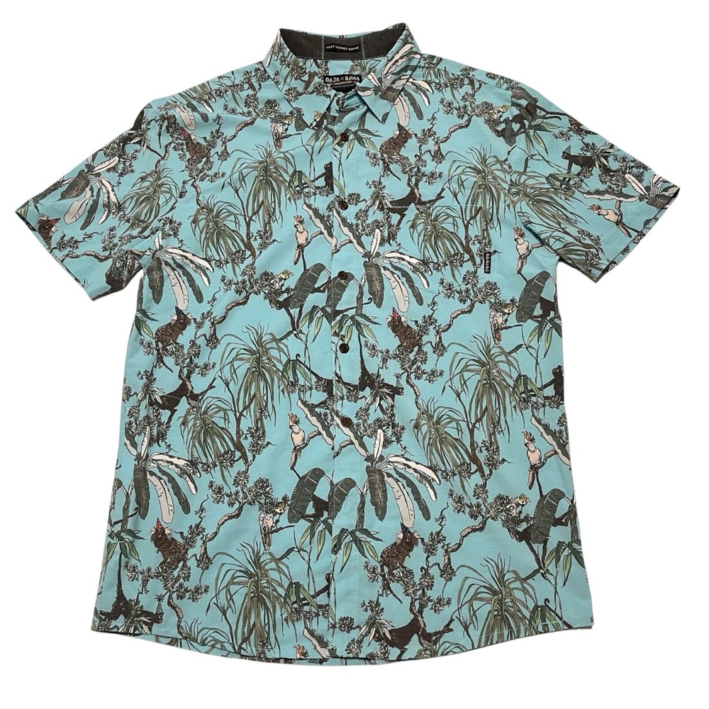 Baja LLama Mens XL Blue Button Up Shirt Birds Monkey Tropical Vacation Birthday